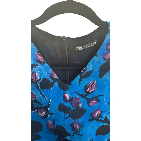 Zara Small Floral Ruched Mini Dress Long Sleeves With Zipper Blue/Black/Purple - Picture 3 of 14